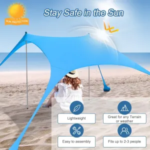 Blue Beach Tent Sun Shelter 6.56 x 5.25ft Portable Pop Up UV Protection Tent for 2-3 People Sun Shade with Sandbags & Carry Bag, Easy Setup for Camping, Picnics, Beach Outings