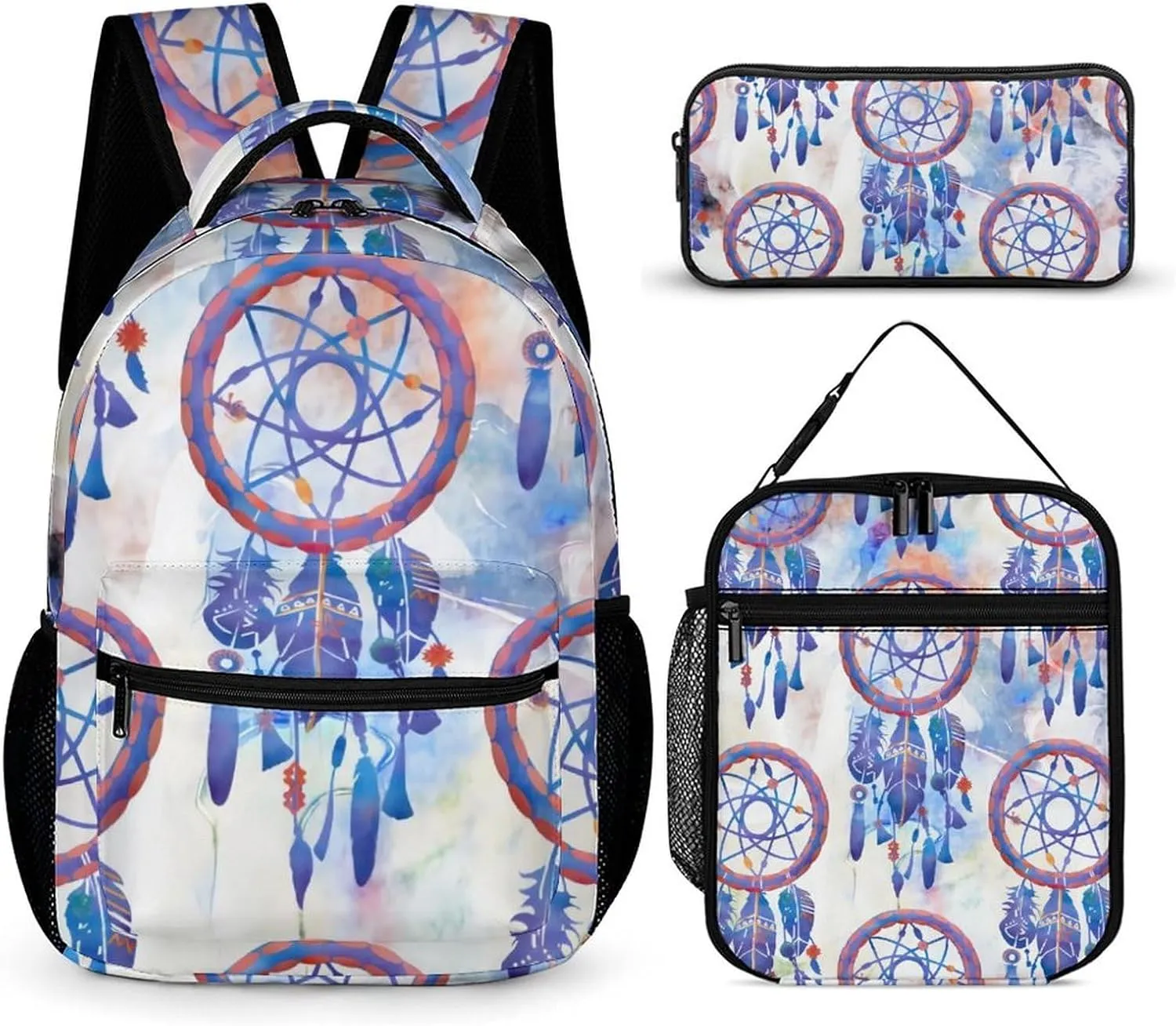 Blue Watercolor Dreamcatcher Modern Boho Large Capacity Portable Backpack Three Piece Set