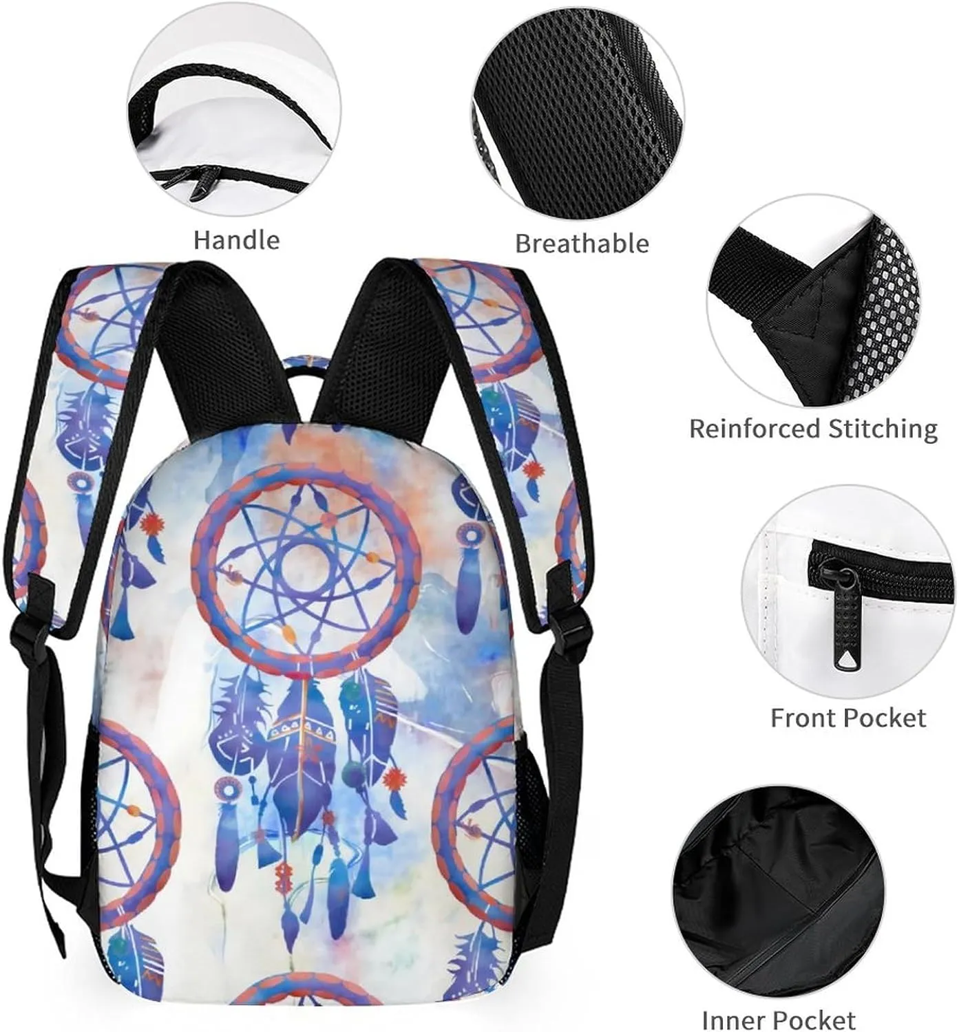 Blue Watercolor Dreamcatcher Modern Boho Large Capacity Portable Backpack Three Piece Set