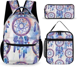 Blue Watercolor Dreamcatcher Modern Boho Large Capacity Portable Backpack Three Piece Set