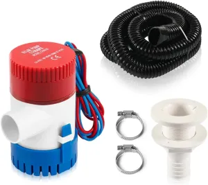 Boat Bilge Water Pump 1100 GPH,1-1/8 Inch Dia 12V Bilge Pump Plumbing Kit with 6FT PVC Bilge Pump Hose,2 Clamps,Thru-Hull Fitting,Ideal for Yachts/Boats/Small Speedboat