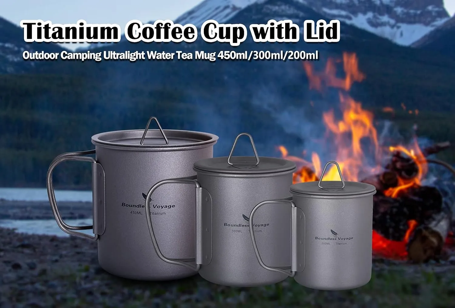 Boundless Voyage Titanium Cup with Lid Outdoor Camping Ultralight Water Tea Coffee Mug 200ML/300ML/450ML (3 Pcs (200 300 450ml))