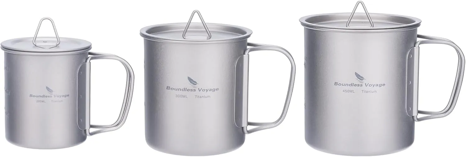 Boundless Voyage Titanium Cup with Lid Outdoor Camping Ultralight Water Tea Coffee Mug 200ML/300ML/450ML (3 Pcs (200 300 450ml))