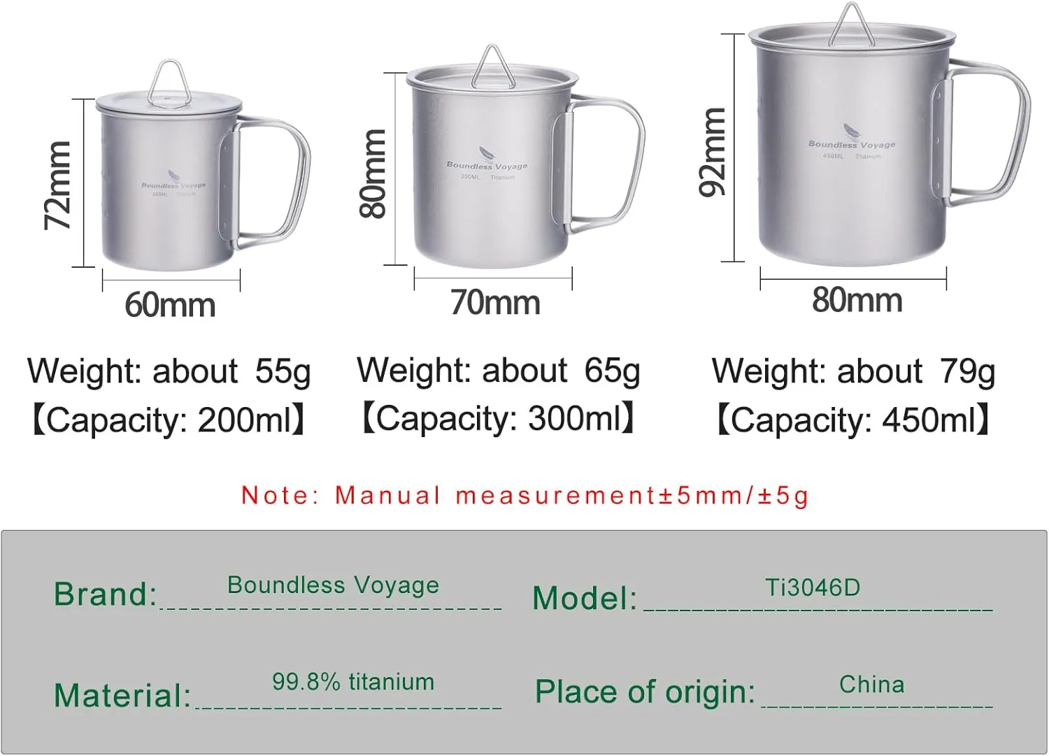 Boundless Voyage Titanium Cup with Lid Outdoor Camping Ultralight Water Tea Coffee Mug 200ML/300ML/450ML (3 Pcs (200 300 450ml))