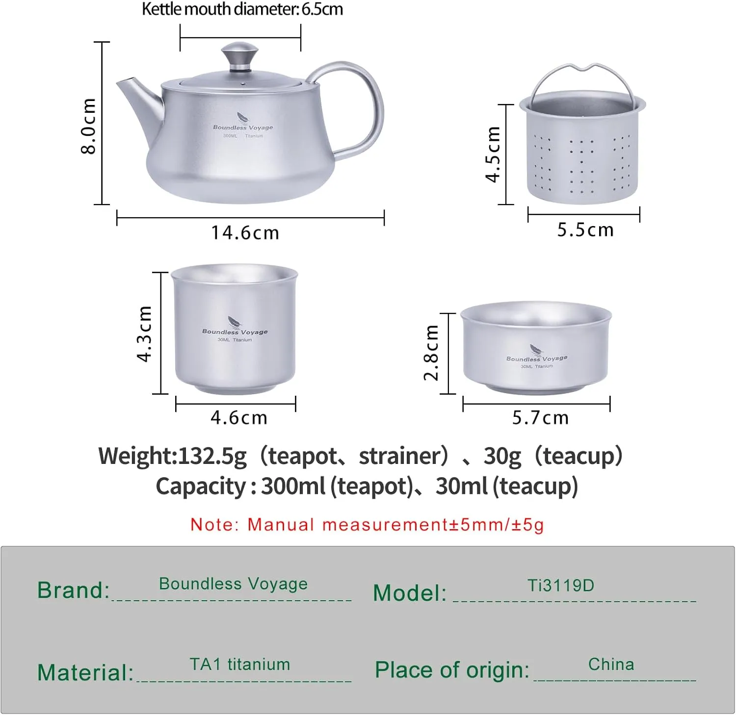 Boundless Voyage Titanium Kung Fu Tea Set with 3 Teacups Portable Camping Kettle Reusable Travel Coffee Tea Cup Set (Ti3119D-set)