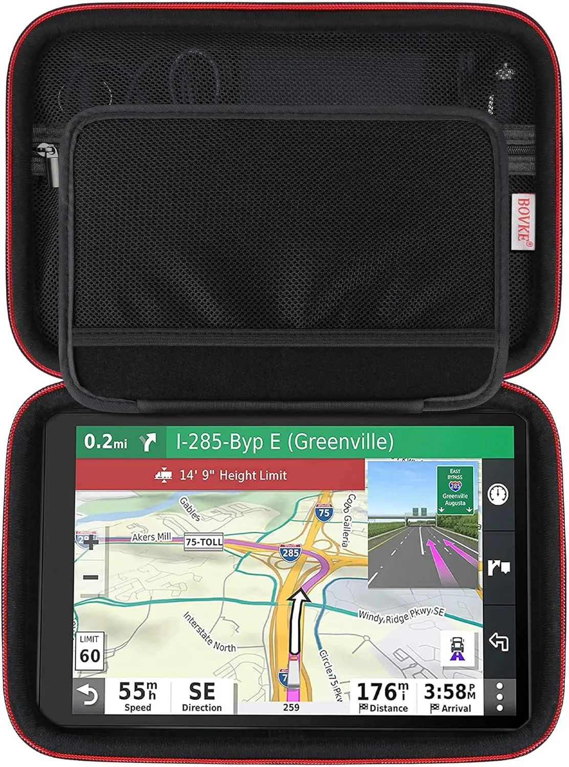 BOVKE Hard Carrying GPS Case for 10-inch Garmin Dezl OTR1000 / OTR1010 / RV 1090 GPS Navigator System, Mesh Pocket for Car Charger, USB Cables, Black