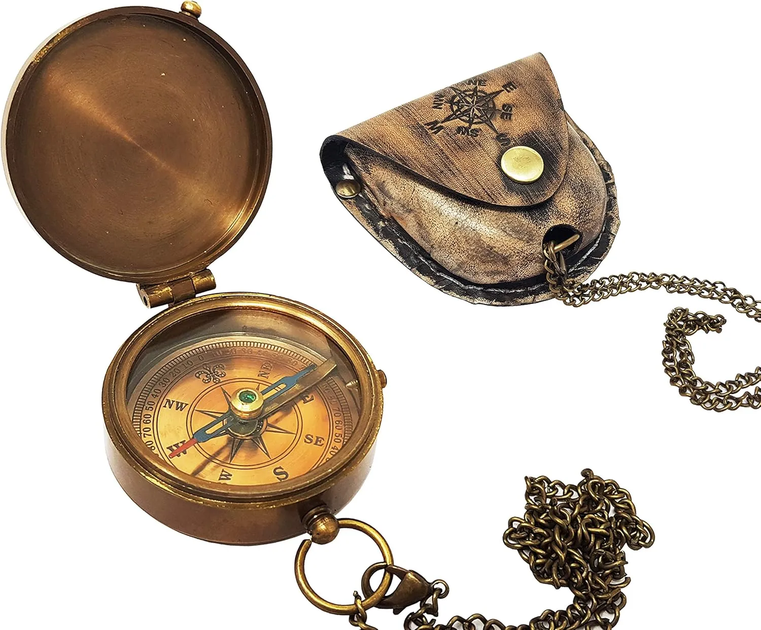 Brass Compass Nautical Pocket Backpacking Compass Leather Case Vintage Camping Hiking Direction Marine Graduation Confirmation Day Engravable for Men Quality Travel Accessory