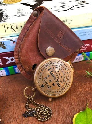 Brass Compass Unique Print to My Brother I LOVE You Engraved Compass with Leather Case Antique Brass Compass with Chain A Great Gift Item for Your Loved Ones Hikers and Traveler, gold