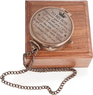 Brass Compass with Elegant Wooden Box Mom to Son Compass – to My Son Love Mom – Engraved Compass Mother to Son Gifts - Graduation Day Gifts for Son, Brown Antique, 2 Inch