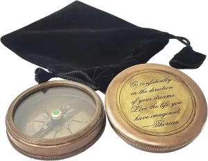 Brass Nautical - Brass Compass in Antique Finish, with HD Thoreau's Motivational Quote Go Confidently in The Direction with Case