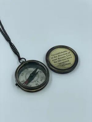 Brass Navigational Compass with Leather Case Box Engraved with Thoreau Quote - Working Maritime Pirate Compass