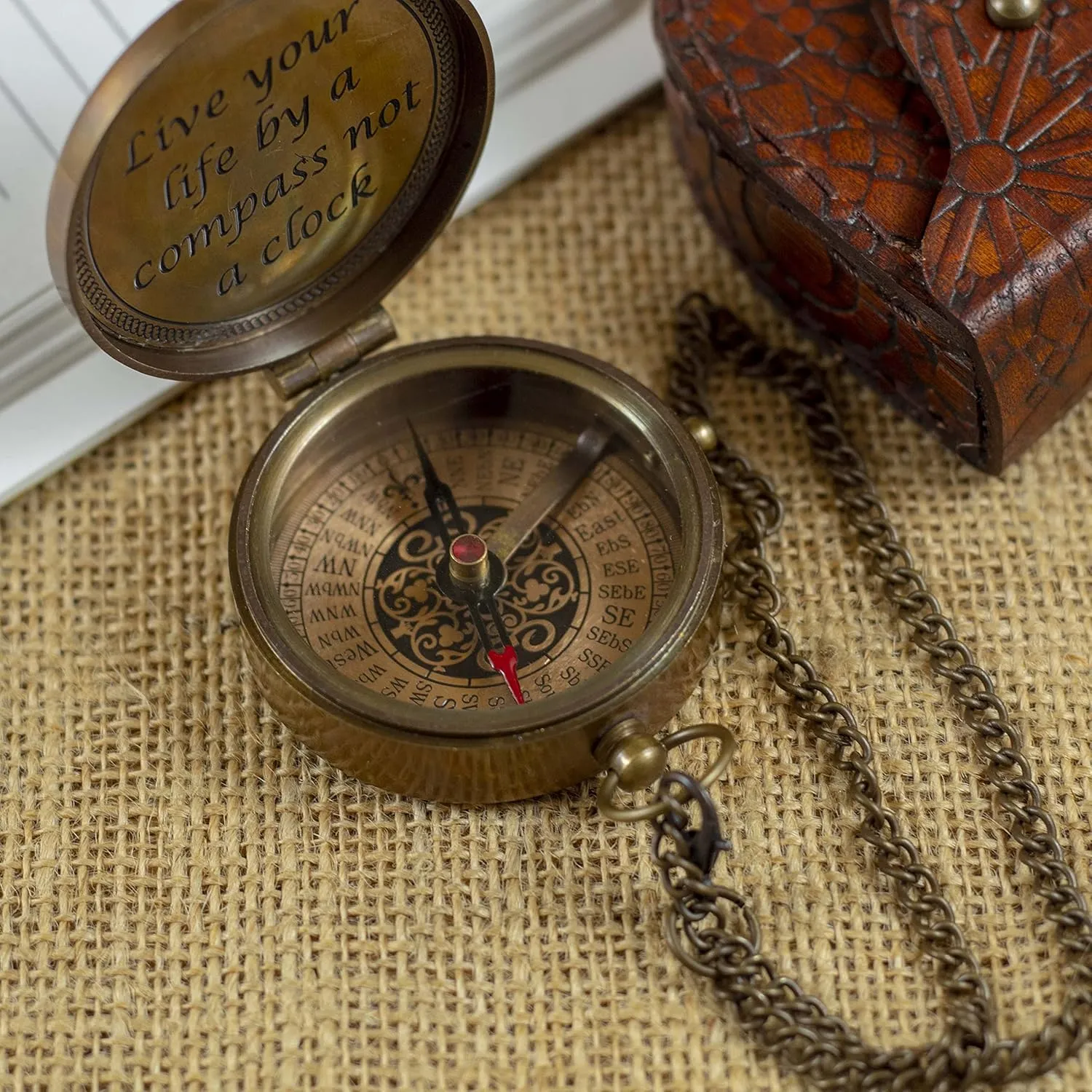 Brass Pocket Magnetic 2" Compass with Chain Stephen Covey Nautical Boat Decor Antique Style Engraved Gifts Directional Pirate Hiking Travel Compass