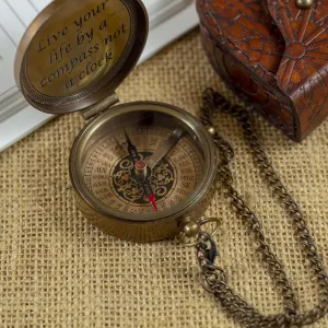 Brass Pocket Magnetic 2" Compass with Chain Stephen Covey Nautical Boat Decor Antique Style Engraved Gifts Directional Pirate Hiking Travel Compass