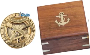 Brass Pocket Sundial Compass for Navigation Outdoor Activities Camping Hiking 3 inch with Wood Box