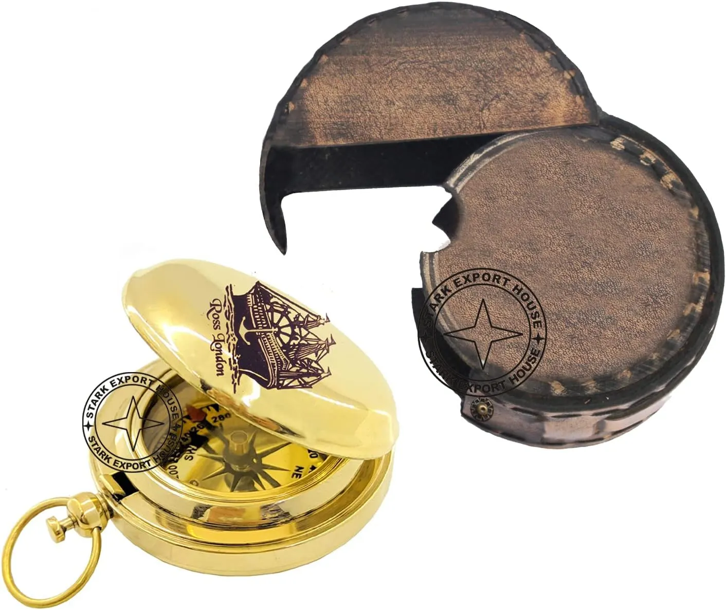 Brass Push Button Compass Pocket Sundial Compass for Navigation Camping 2 inch with Leather Case
