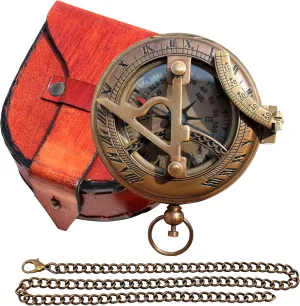 Brass Sundial Compass with Leather Case and Chain - Push Open Mechanism Vintage Steampunk Accessory - Antiquated Finish Pocket Compass (Hiking Sundial Compass)