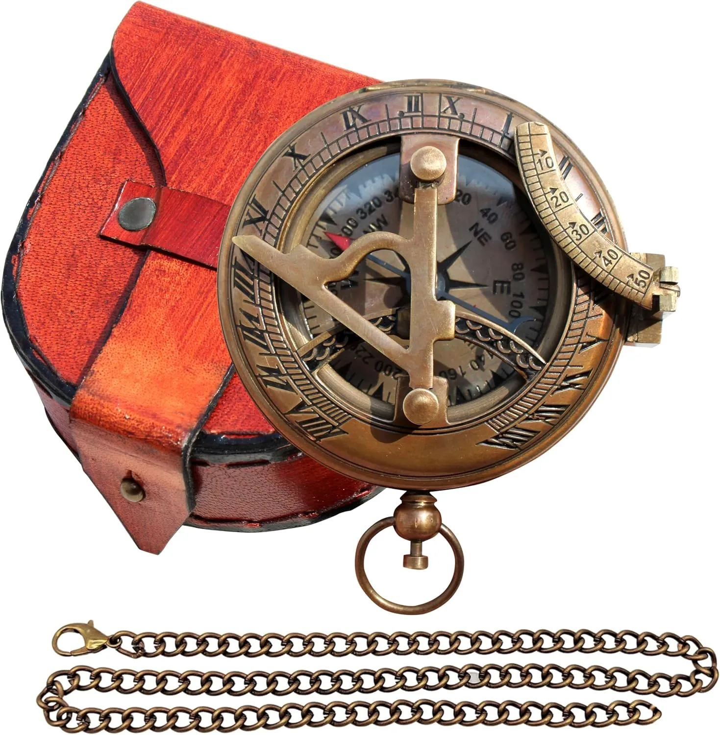 Brass Sundial Compass with Leather Case and Chain - Push Open Mechanism Vintage Steampunk Accessory - Antiquated Finish Pocket Compass (Hiking Sundial Compass)