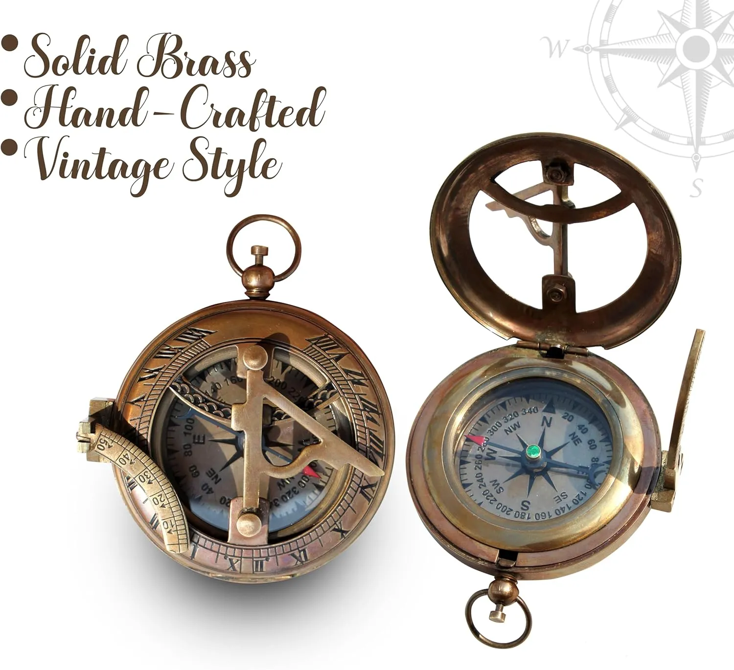 Brass Sundial Compass with Leather Case and Chain - Push Open Mechanism Vintage Steampunk Accessory - Antiquated Finish Pocket Compass (Hiking Sundial Compass)