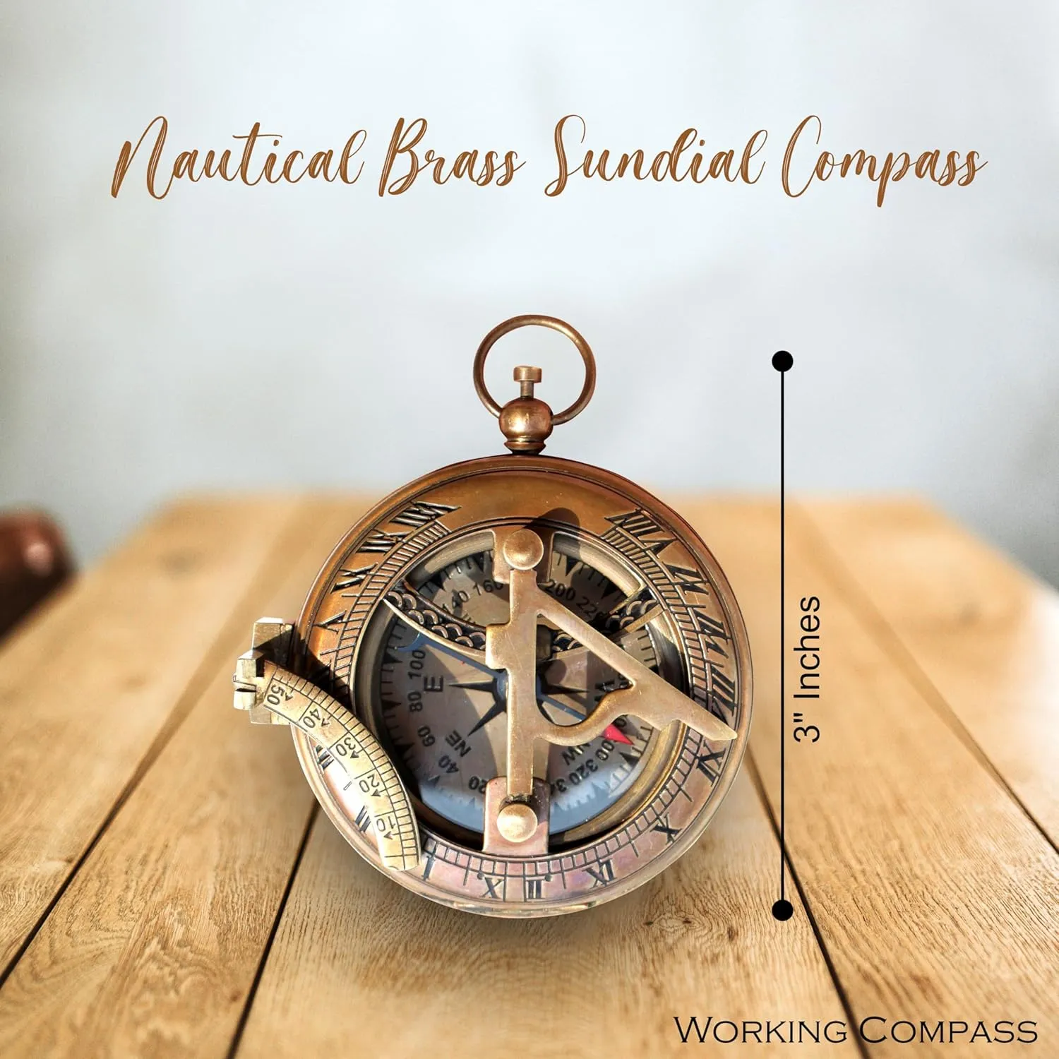 Brass Sundial Compass with Leather Case and Chain - Push Open Mechanism Vintage Steampunk Accessory - Antiquated Finish Pocket Compass (Hiking Sundial Compass)