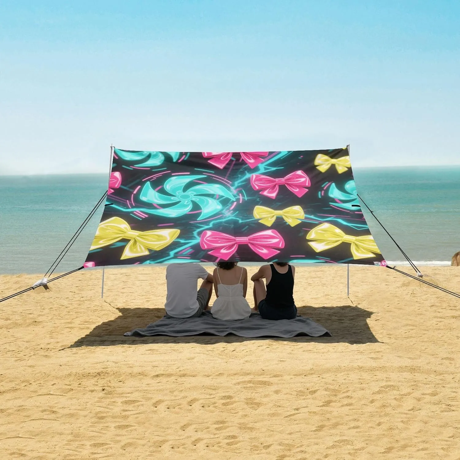 Bright Color Bows Beach Canopy Tent Anti-UV & Wind Resistant, Camping Sun Shelter Easy Setup Portable,Outdoor Shade Tents with Sandbags,Sand Shovels,Ground Pegs & Stability Poles