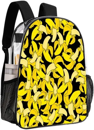 Bright Yellow Bananas 17 Inch Transparent Backpack Summer Fruits Water Resistant PVC Clear Laptop Daypack for Travel Work Camping Women Men 43x32x13cm