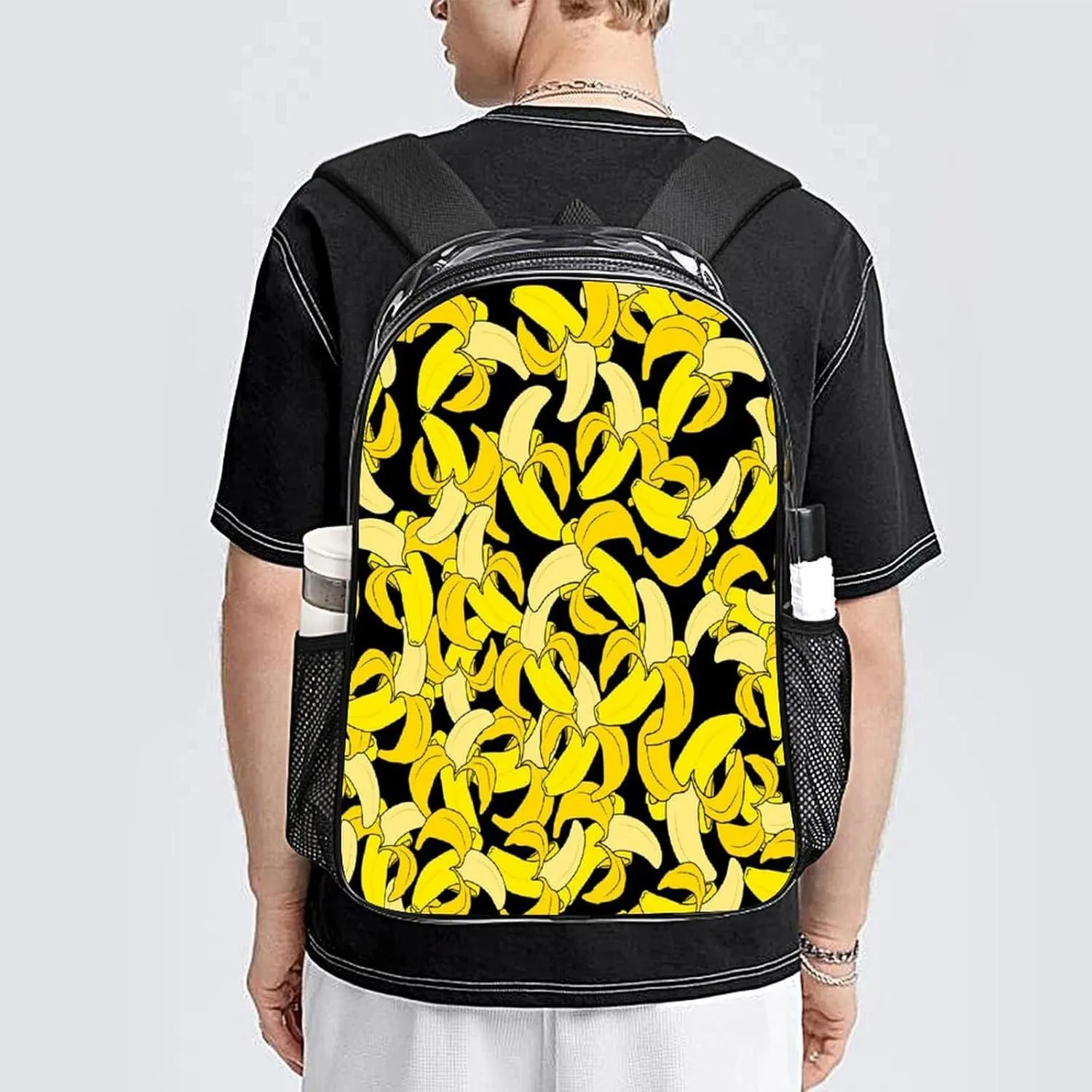 Bright Yellow Bananas 17 Inch Transparent Backpack Summer Fruits Water Resistant PVC Clear Laptop Daypack for Travel Work Camping Women Men 43x32x13cm