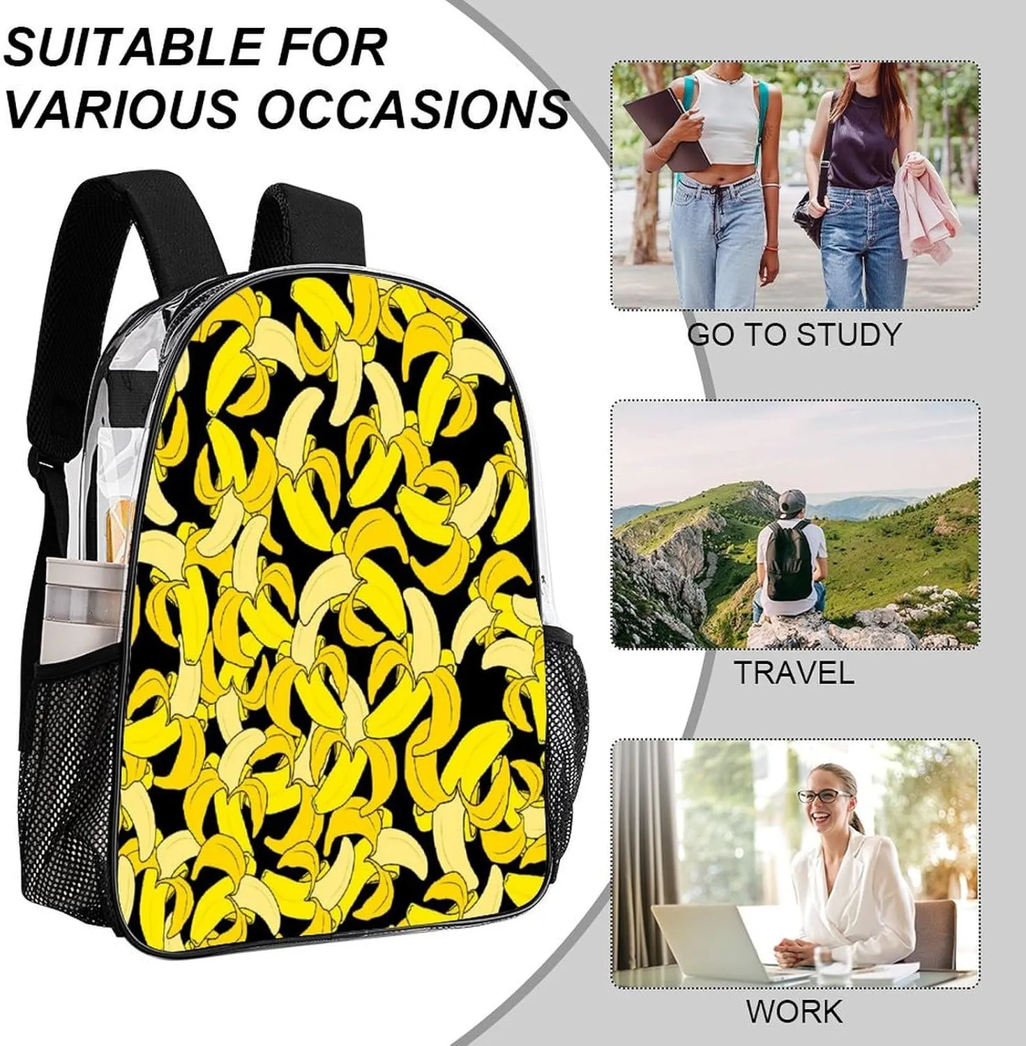 Bright Yellow Bananas 17 Inch Transparent Backpack Summer Fruits Water Resistant PVC Clear Laptop Daypack for Travel Work Camping Women Men 43x32x13cm