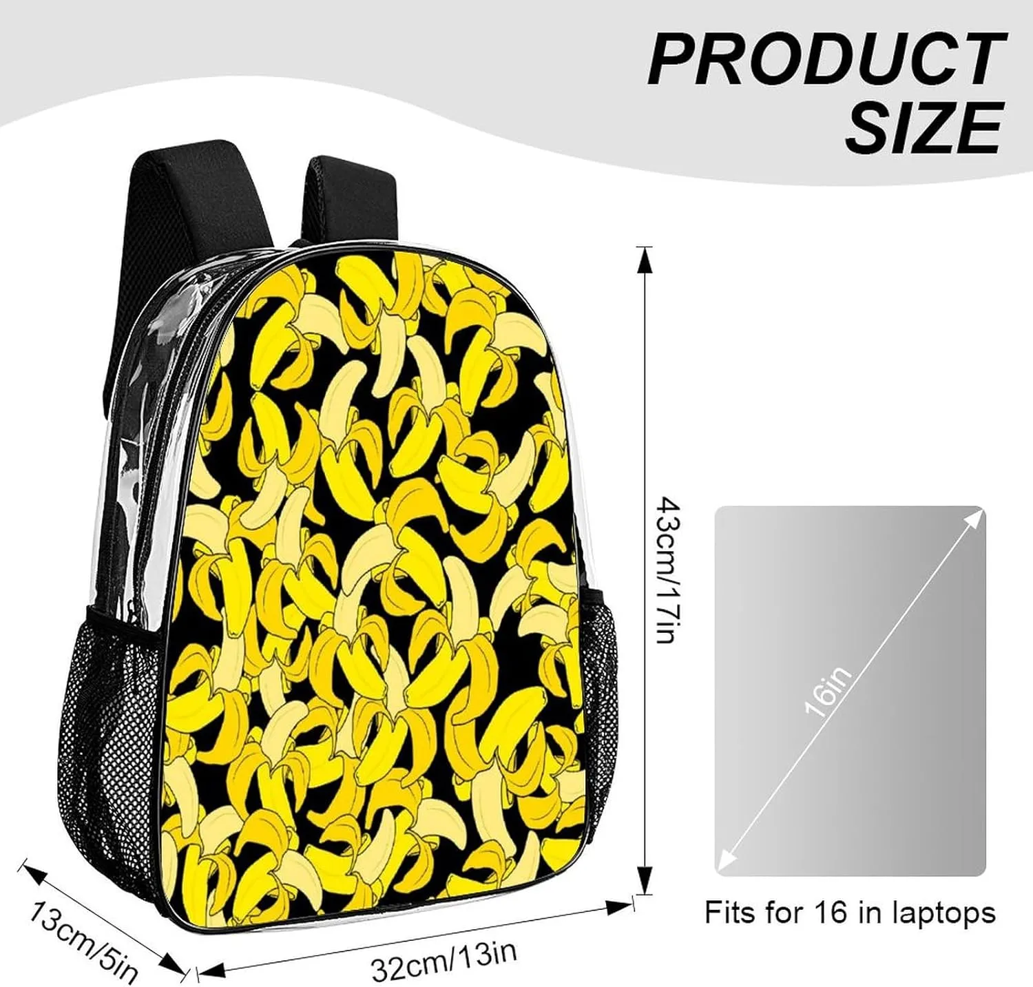 Bright Yellow Bananas 17 Inch Transparent Backpack Summer Fruits Water Resistant PVC Clear Laptop Daypack for Travel Work Camping Women Men 43x32x13cm