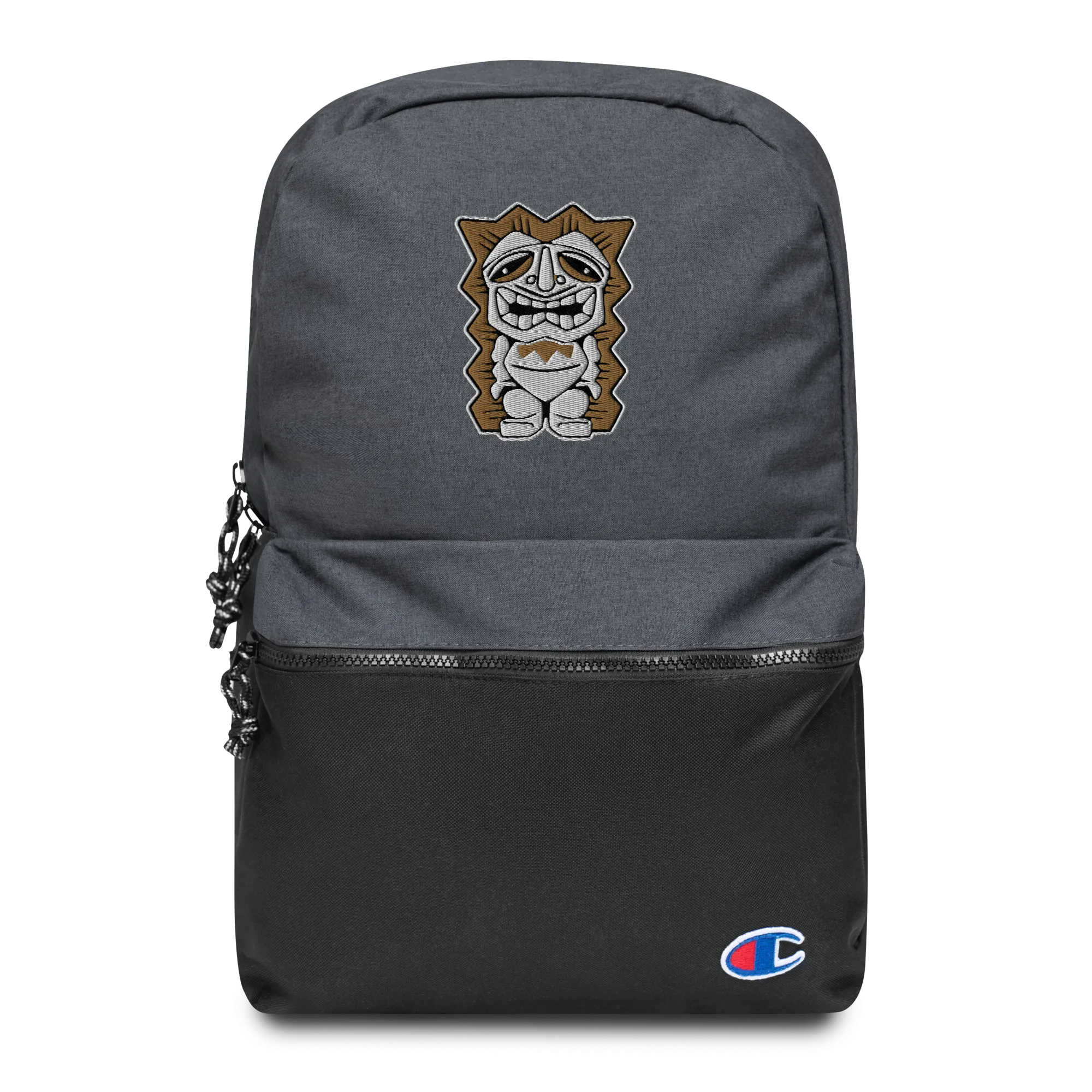Brown and White Tiki Embroidered Champion Backpack