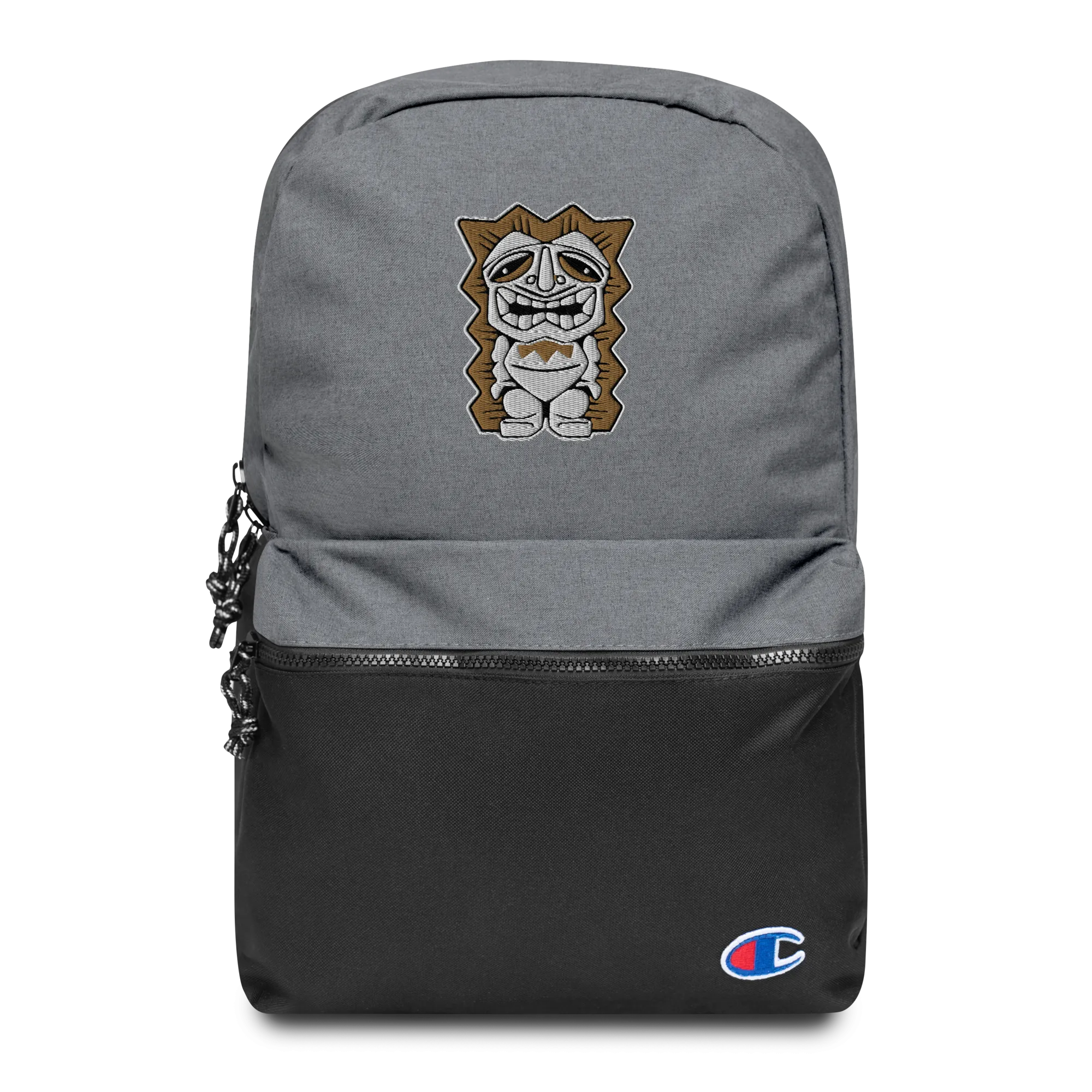 Brown and White Tiki Embroidered Champion Backpack