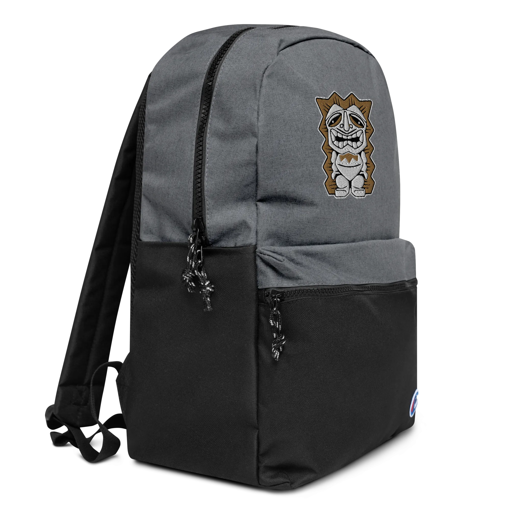 Brown and White Tiki Embroidered Champion Backpack