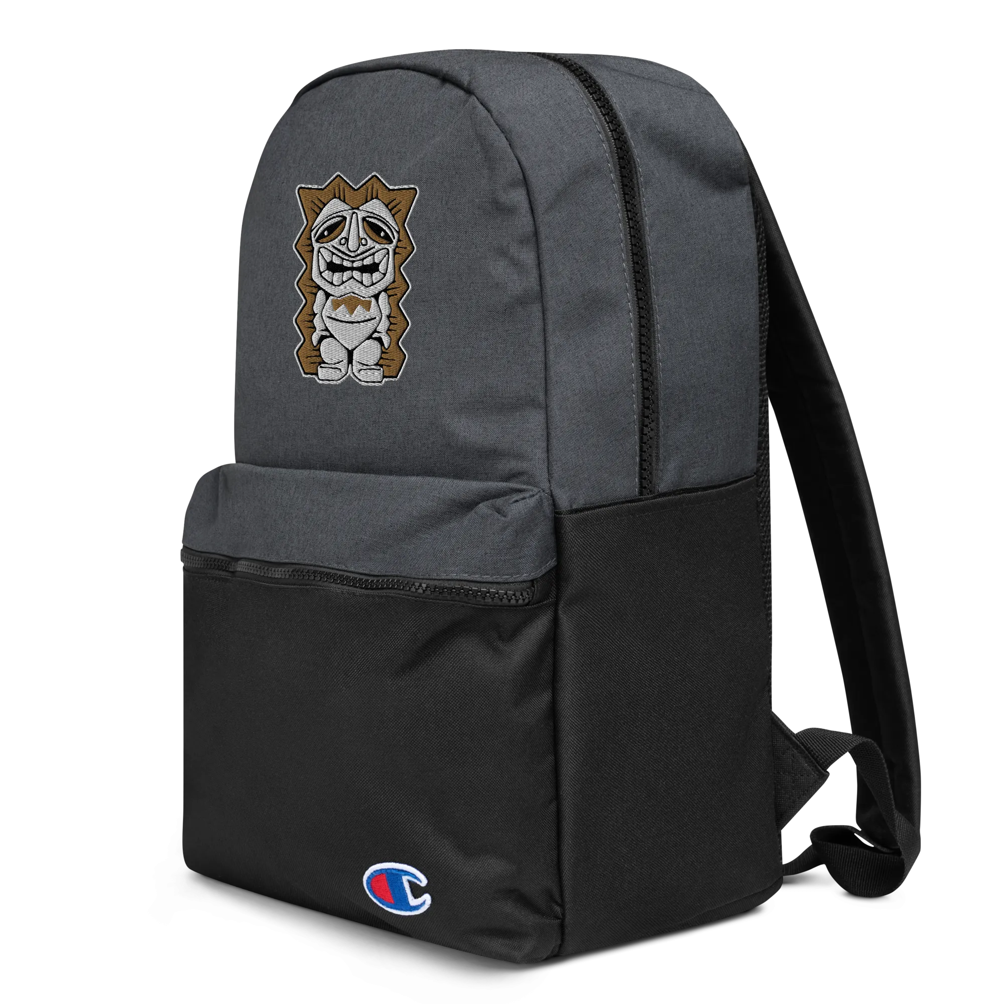 Brown and White Tiki Embroidered Champion Backpack