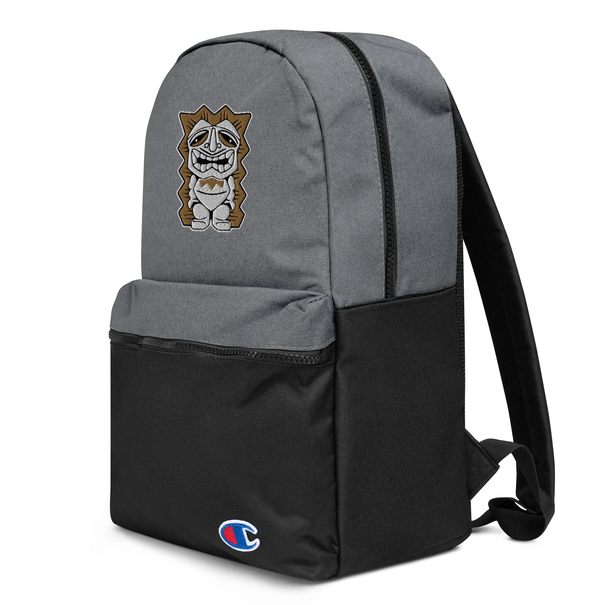 Brown and White Tiki Embroidered Champion Backpack