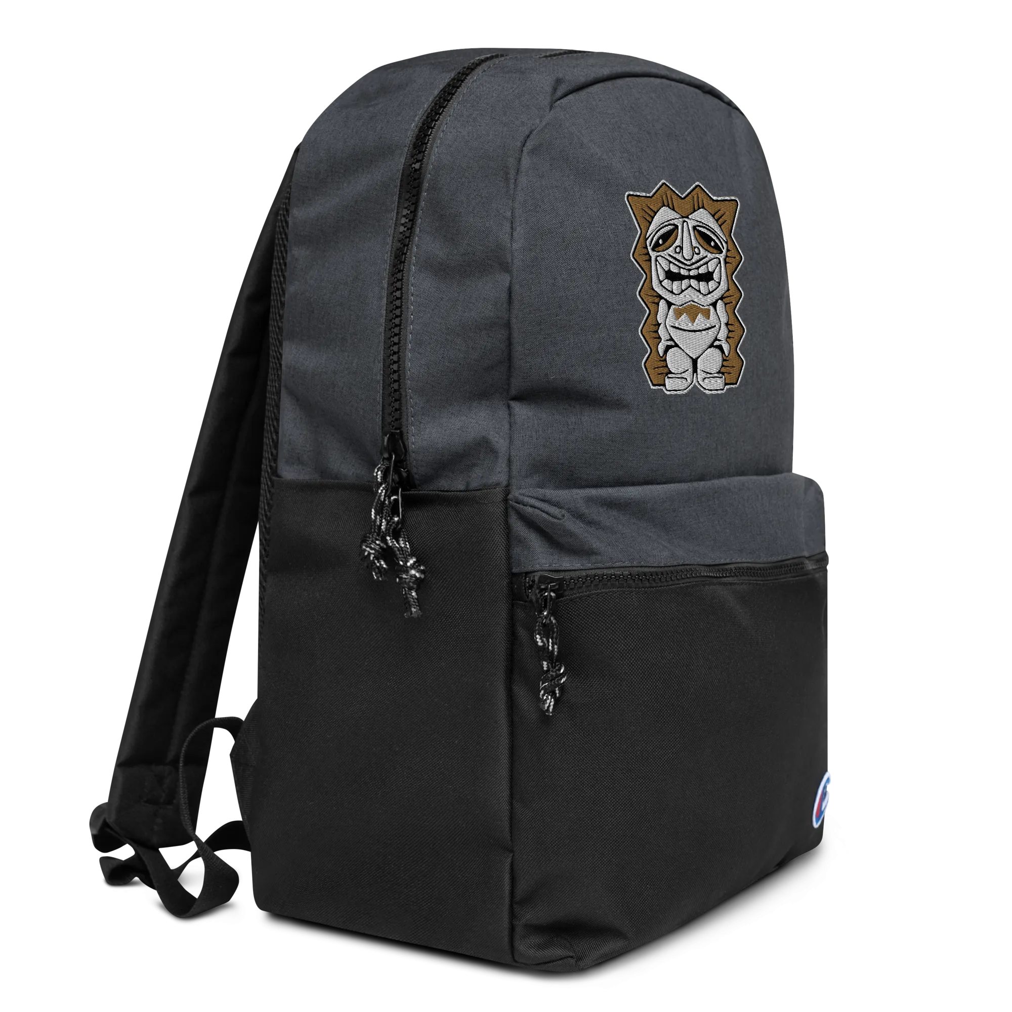 Brown and White Tiki Embroidered Champion Backpack