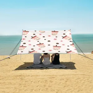 Bubble Milk Tea Cups Beach Canopy Tent Anti-UV & Wind Resistant, Pink Flower Tapioca Pearls Camping Sun Shelter Easy Setup Portable,Outdoor Shade Tents with Sandbags,Sand Shovels,Ground Pegs & S
