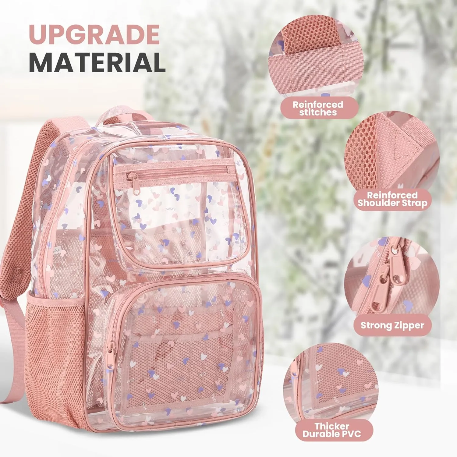 Bulk 17 inch clear backpack for girls age 6-8 kids bookbag cute large high school stadium approved transparent see throu -pink