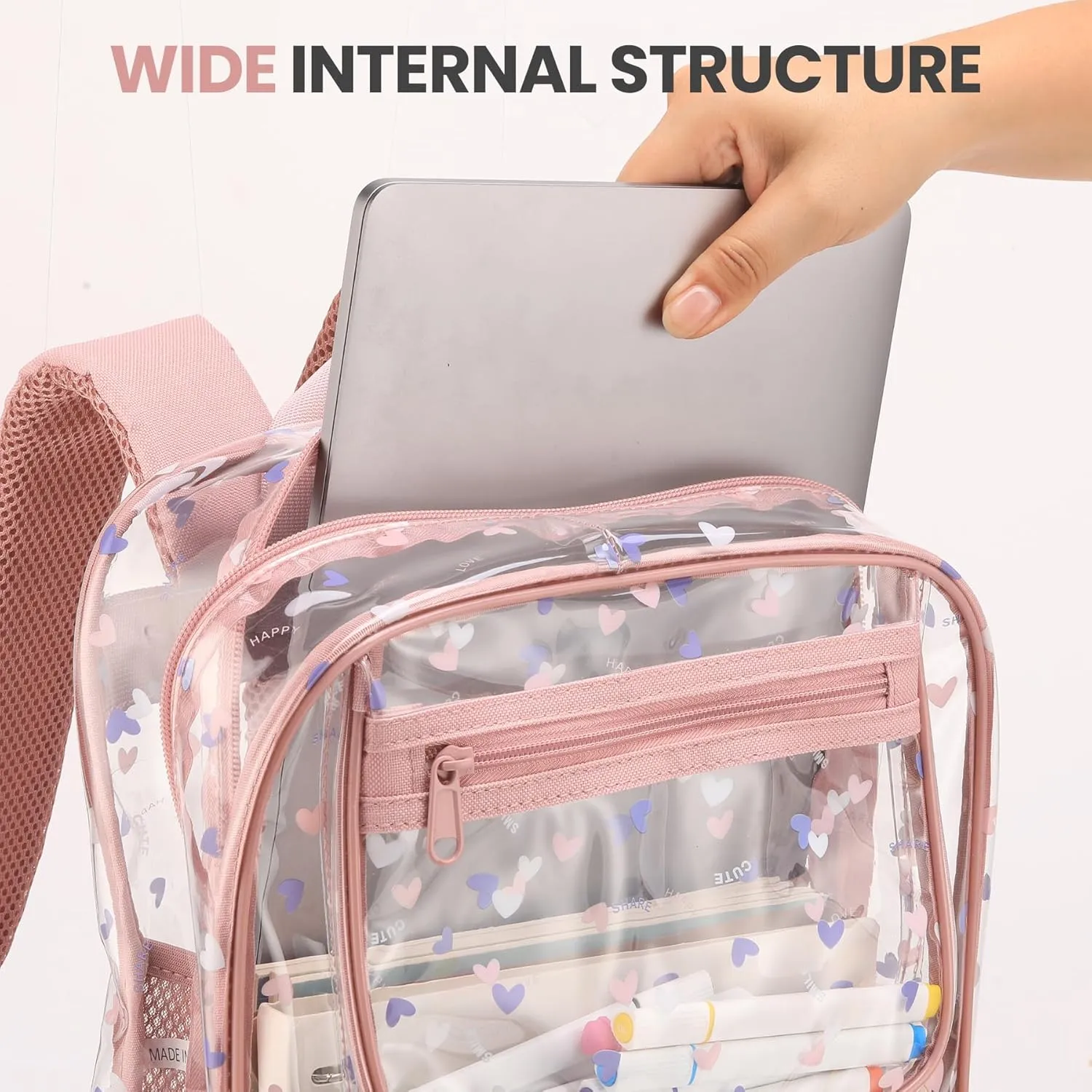 Bulk 17 inch clear backpack for girls age 6-8 kids bookbag cute large high school stadium approved transparent see throu -pink
