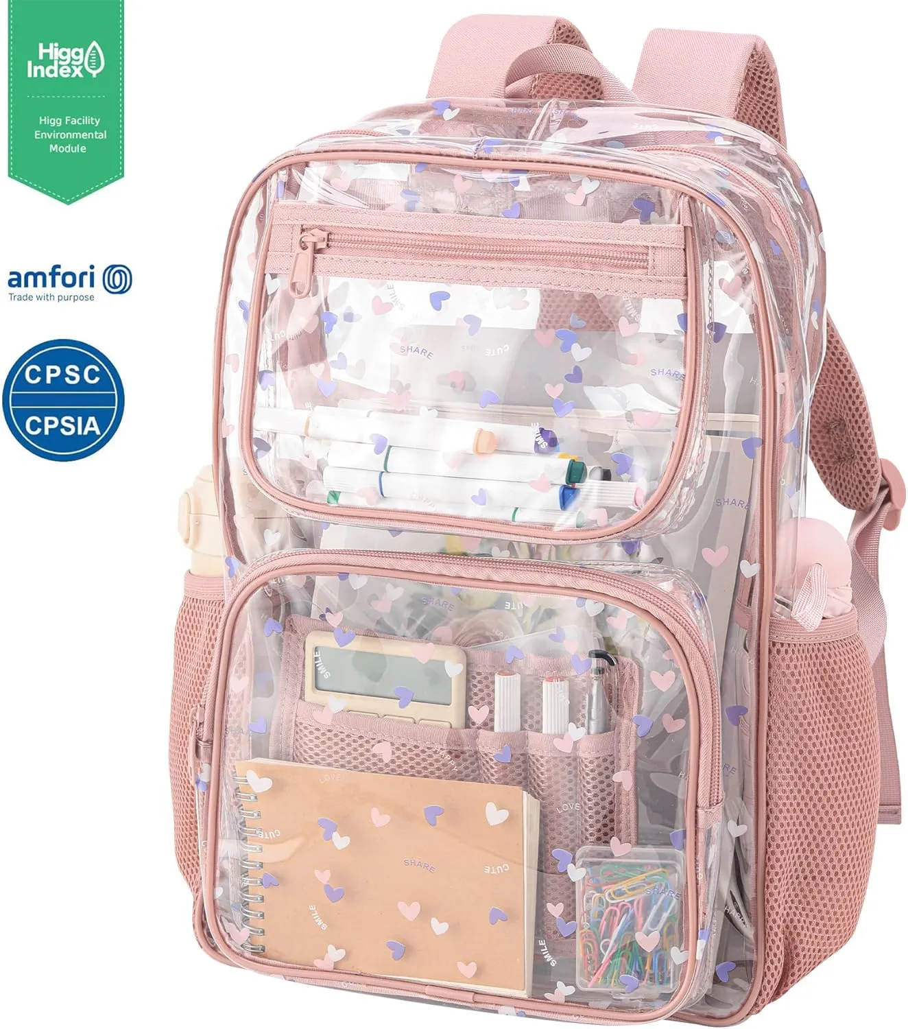 Bulk 17 inch clear backpack for girls age 6-8 kids bookbag cute large high school stadium approved transparent see throu -pink