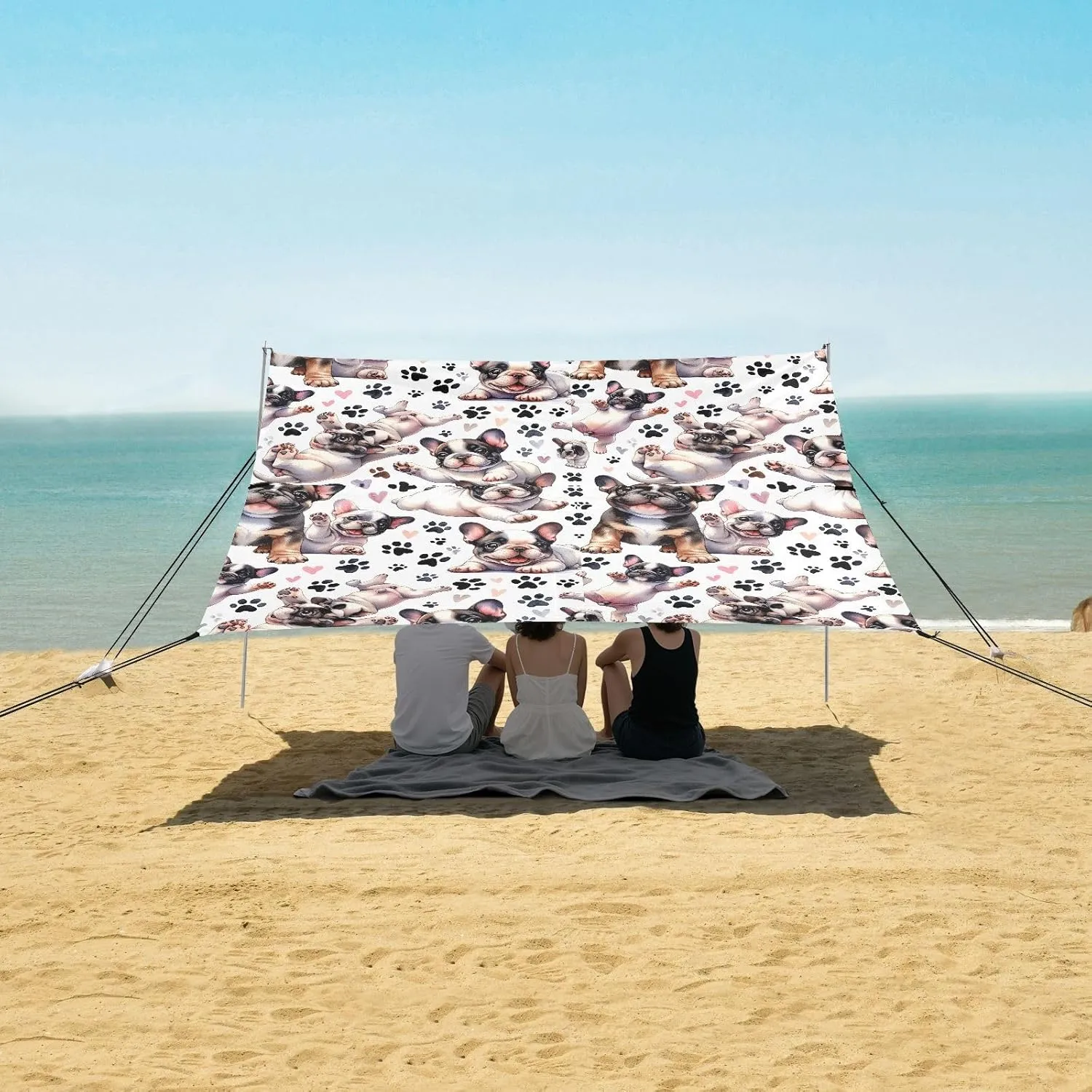 Bulldog Playing with Dogpaws Beach Canopy Tent Anti-UV & Wind Resistant, Camping Sun Shelter Easy Setup Portable,Outdoor Shade Tents with Sandbags,Sand Shovels,Ground Pegs & Stability Poles