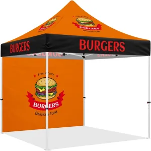 Burger Pop Up Canopy Tent, 10x10 Outdoor Instant Canopy Heavy Duty Food Tent for Hamburger Vendors, Restaurants & Caterers Business Tent with Wheeled Travel Bag, Sidewall x1