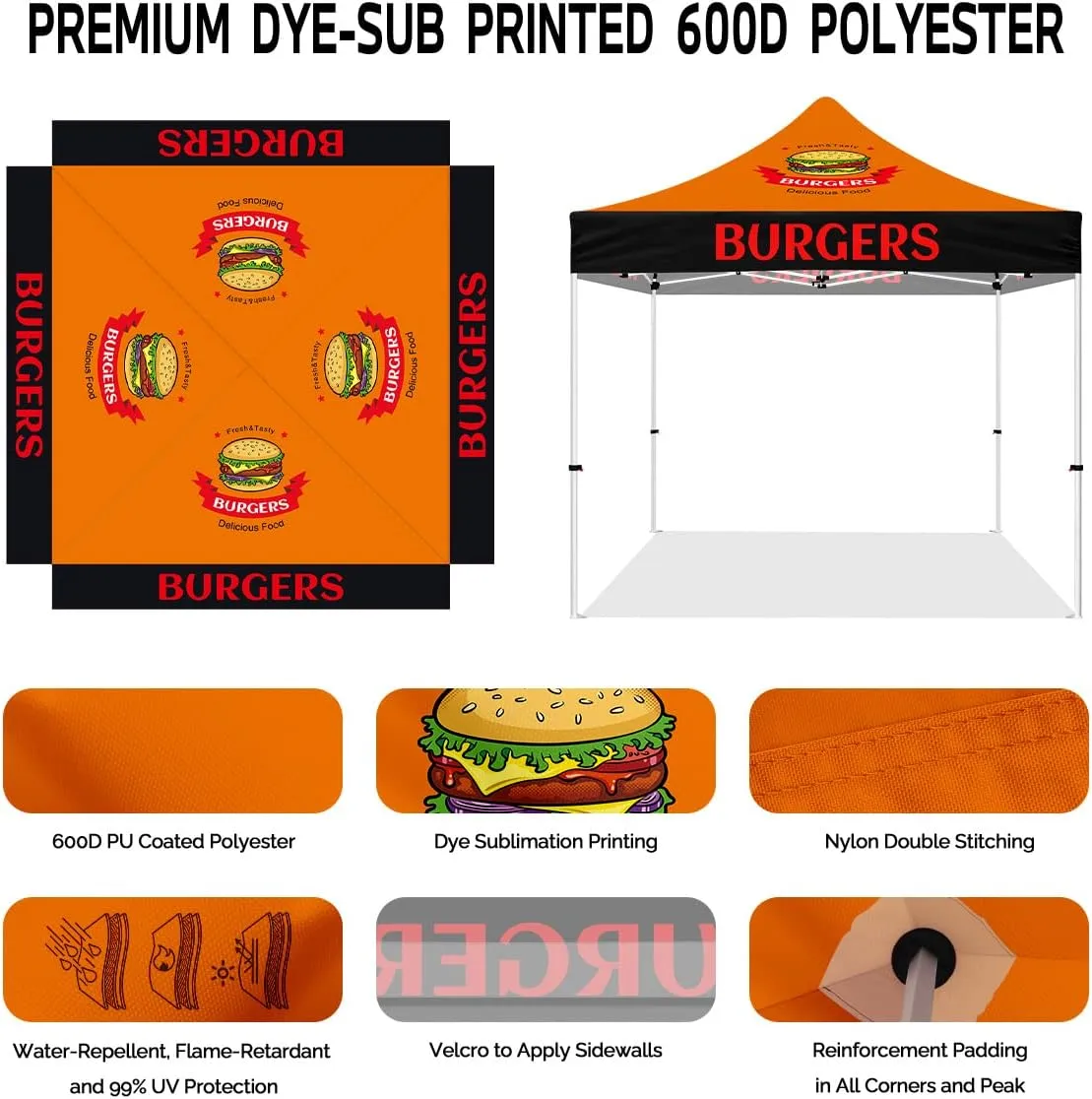 Burger Pop Up Canopy Tent, 10x10 Outdoor Instant Canopy Heavy Duty Food Tent for Hamburger Vendors, Restaurants & Caterers Business Tent with Wheeled Travel Bag, Sidewall x1