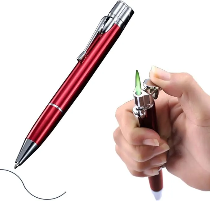 Butane Torch Lighter - Ballpoint Pen Lighter, Windproof Solar Beam Torch, Refillable Adjustable Green Flame Cool Lighter for Candle Camping BBQ Kitchen, Mens Gifts (Without Gas) (Red)