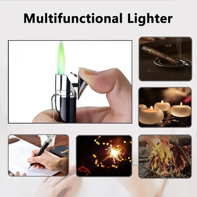 Butane Torch Lighter - Ballpoint Pen Lighter, Windproof Solar Beam Torch, Refillable Adjustable Green Flame Cool Lighter for Candle Camping BBQ Kitchen, Mens Gifts (Without Gas) (Silver)