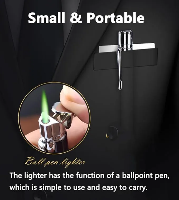 Butane Torch Lighter - Ballpoint Pen Lighter, Windproof Solar Beam Torch, Refillable Adjustable Green Flame Cool Lighter for Candle Camping BBQ Kitchen, Mens Gifts (Without Gas) (Silver)