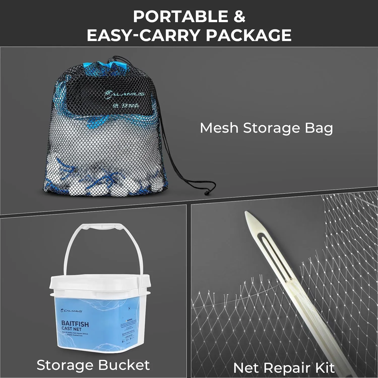 Calamus Cast Net 3/8" Mesh for Freshwater and Saltwater, 3ft-6ft Radius Casting Nets with Heavy-Duty Sinking Nylon Line, Mesh Storage Bag & Storage Bucket & Net Repair Kit