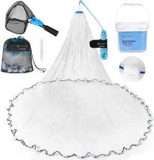 Calamus Cast Net 3/8" Mesh for Freshwater and Saltwater, 3ft-6ft Radius Casting Nets with Heavy-Duty Sinking Nylon Line, Mesh Storage Bag & Storage Bucket & Net Repair Kit