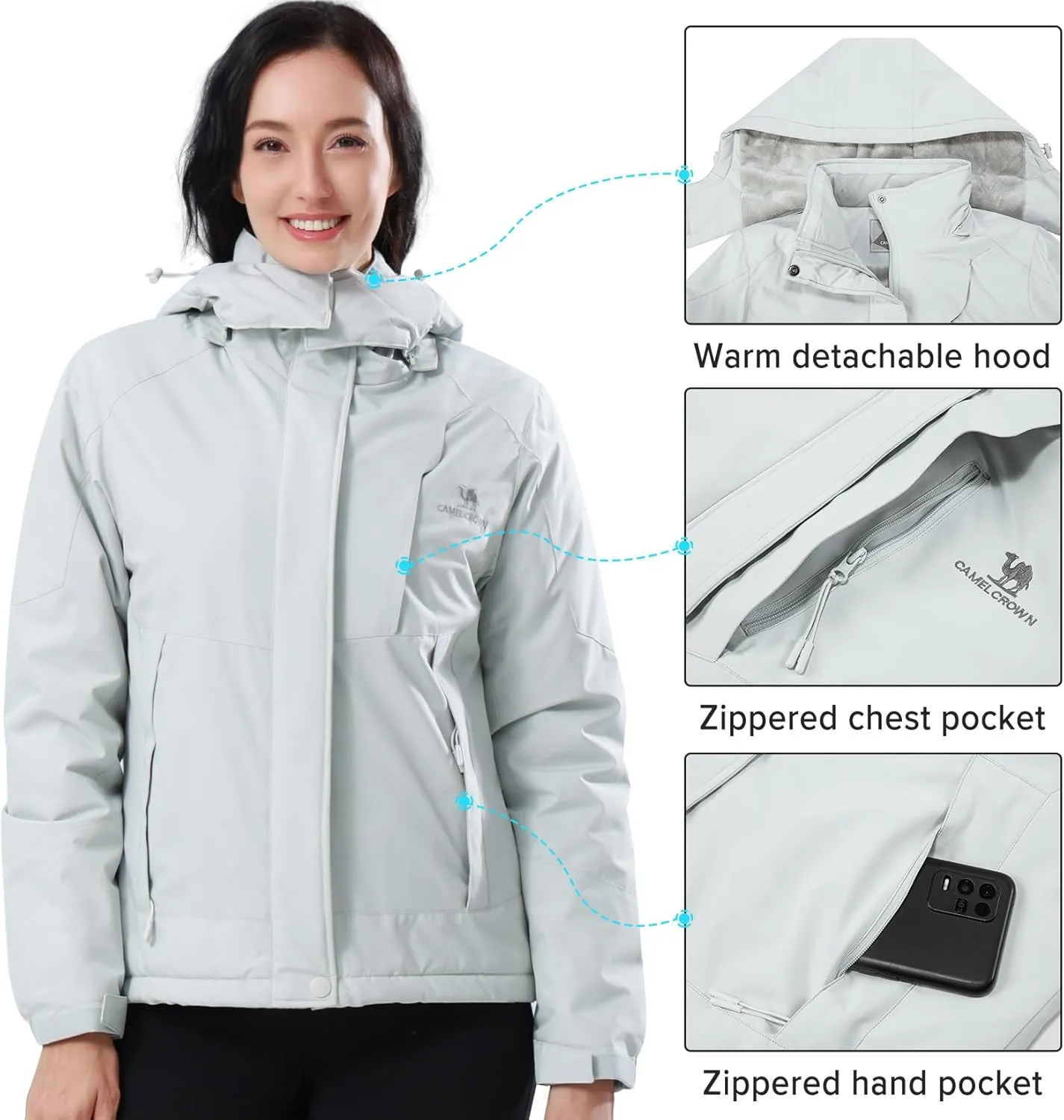 CAMEL CROWN Womens Winter Coat Waterproof Ski Jacket with Fleece Lining Windproof for Snow Rain Outdoor Hiking Mountain