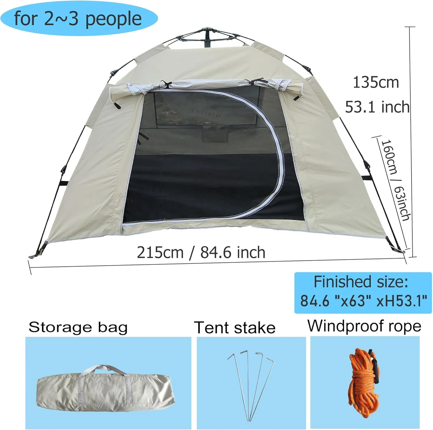 Camping Tent, 2/3 Person Dome Tent with Snag-Free Poles for Easy Setup in Under 10 Mins, Included Rainfly Blocks Wind & Rain, Tent for Camping, Festivals, Backyard, Sleepovers
