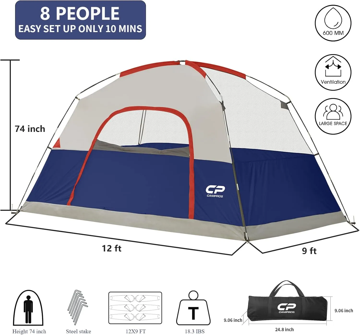 CAMPROS CP Tent 8 Person Camping Tents, Waterproof Windproof Family Dome Tent with Rainfly, Large Mesh Windows, Wider Door, Easy Setup, Portable with Carry Bag