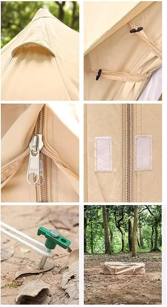 Canvas Bell Tent -Camping Pyramid Tipi Tents 4-Person Waterproof UV Resistant Family Outdoor 3 Seasons with Stove Hole Yurt Tent